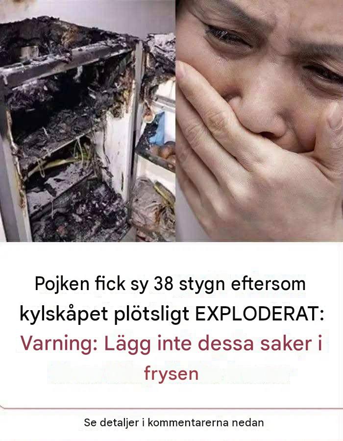 Illustration av en svårt skadad kylapparat och en ledsen pojke, kopplad till varningar om trycksatta dryckesbehållare i frysen.